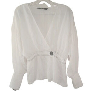 Zara Basic White 3/4 Sleeve Oversized Button Detail Surplice Top‎ Size Medium